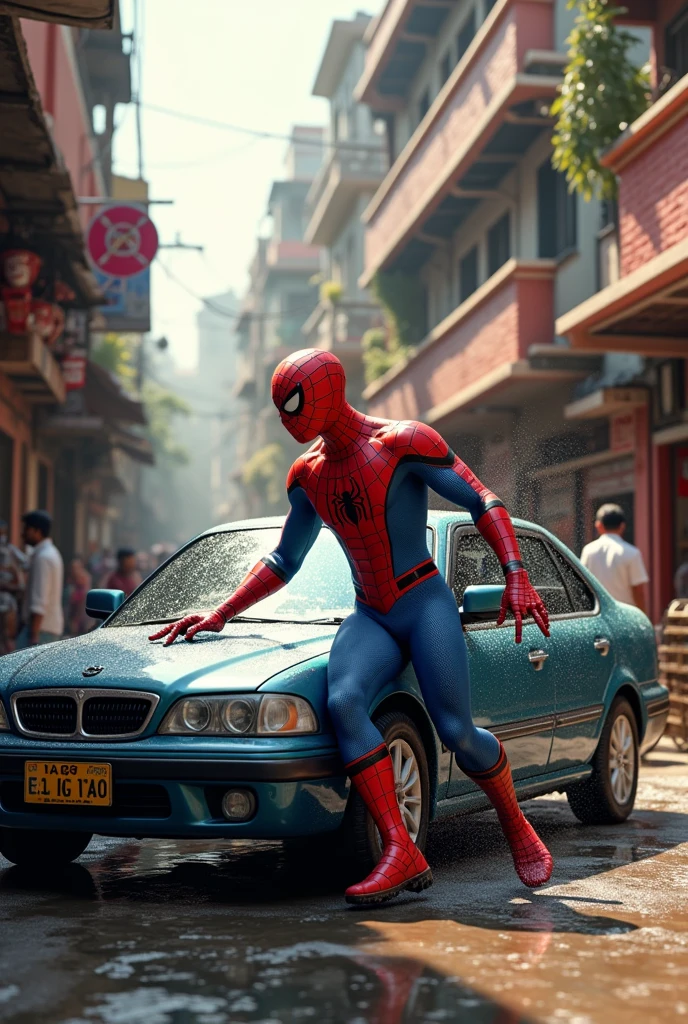 Spiderman washing car in a Indian street 