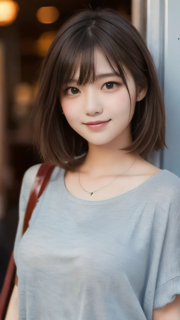 8k,Highest quality,(masterpiece:1.2),(Realistic),(Realistic:1.37),Ultra-high resolution,1 female college student,smile,Beautiful Eyes,Beautiful teeth alignment, In town,(((Cute casual clothes))),Big Breasts,Perfect body,Perfect Fingers,Professional Lighting,gravure,Detailed face and skin texture,fine grain,RAW Photos