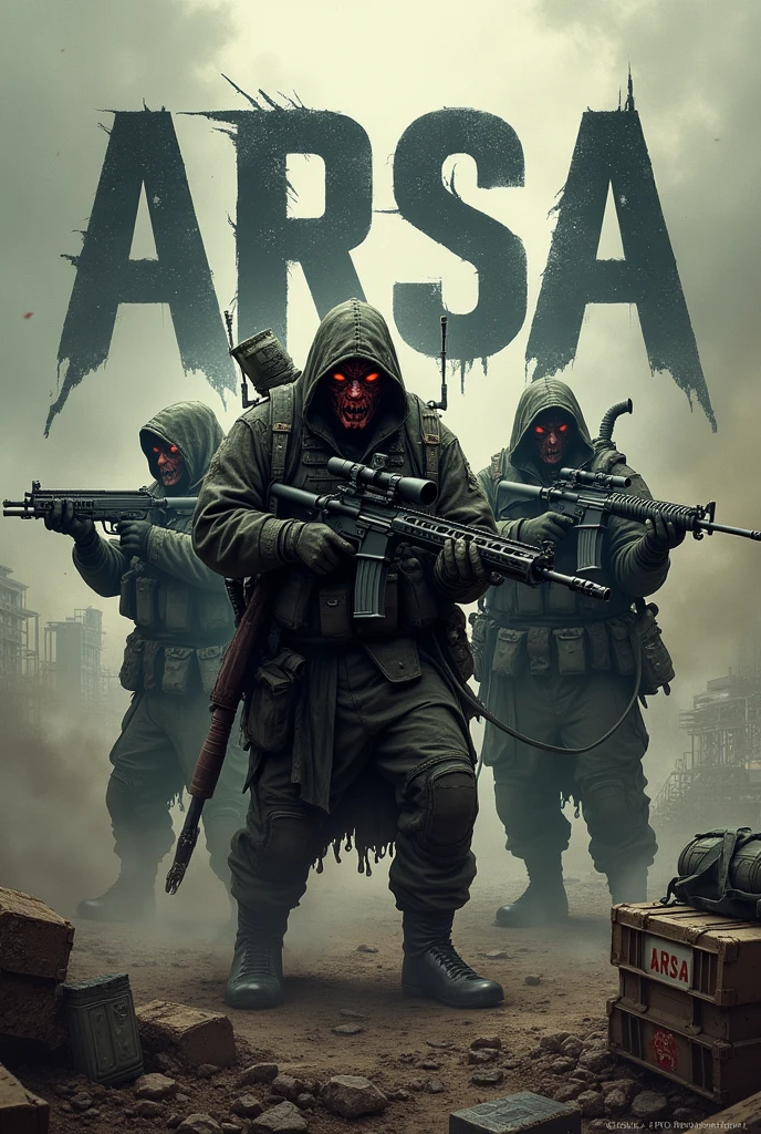 Generate a logo having 4 soldiers dressed as demons and holding guns. In the background written "ARSA" in denon font and dark colours. Overall view of image is in battlefield. There are cars, ammunition, medkit and death crate around. All 4 soldiers look different and hold different guns such as sniper, DP-28 gun, automatic rifle, grenade & molotov 