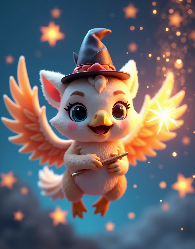 digital 3D artwork, a cute chibi griffin with eagle beak holding magician wand and wear magician hat, she is flying, stars popping arround her
