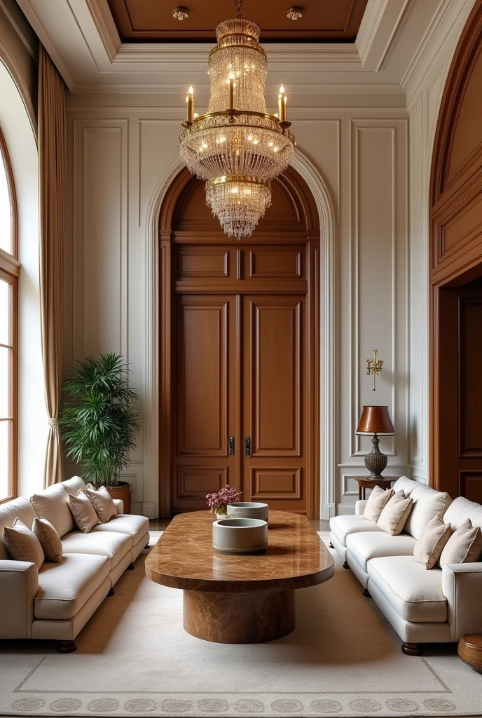 I want to renovate my Home first floor hall I will put in the description. Let's consider halls length = hl , halls height = hh , halls breadth = hb , door height= dh , door length= dl . Measurement are in cm
hl=950 cm
hb=400 cm
hh=300 cm
window length= 190 cm
window breadth= 160 cm
door which is in the middle of one side of the length of the wall and surrounded by the windows on left and right side of the door and one window on each side of the breadth side of the wall. Doors and windows made up of wood old classic fashioned brown coloured.
dh=200  cm
dl=280 cm
I want one Bugatti cheron table at the center of the hall and a chandelier on top of it and sofas surrounded touching the wall the costliest sofas in the world and the room colour is creamish. The room should contain all the technology features latest and it should be classy.