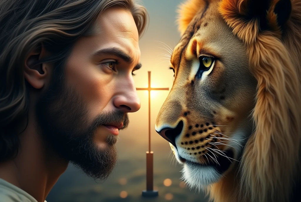 left face of jesus and right face of a lion, and a cross in the middle, realistic inspiring image, hd, 8k, cinematic.