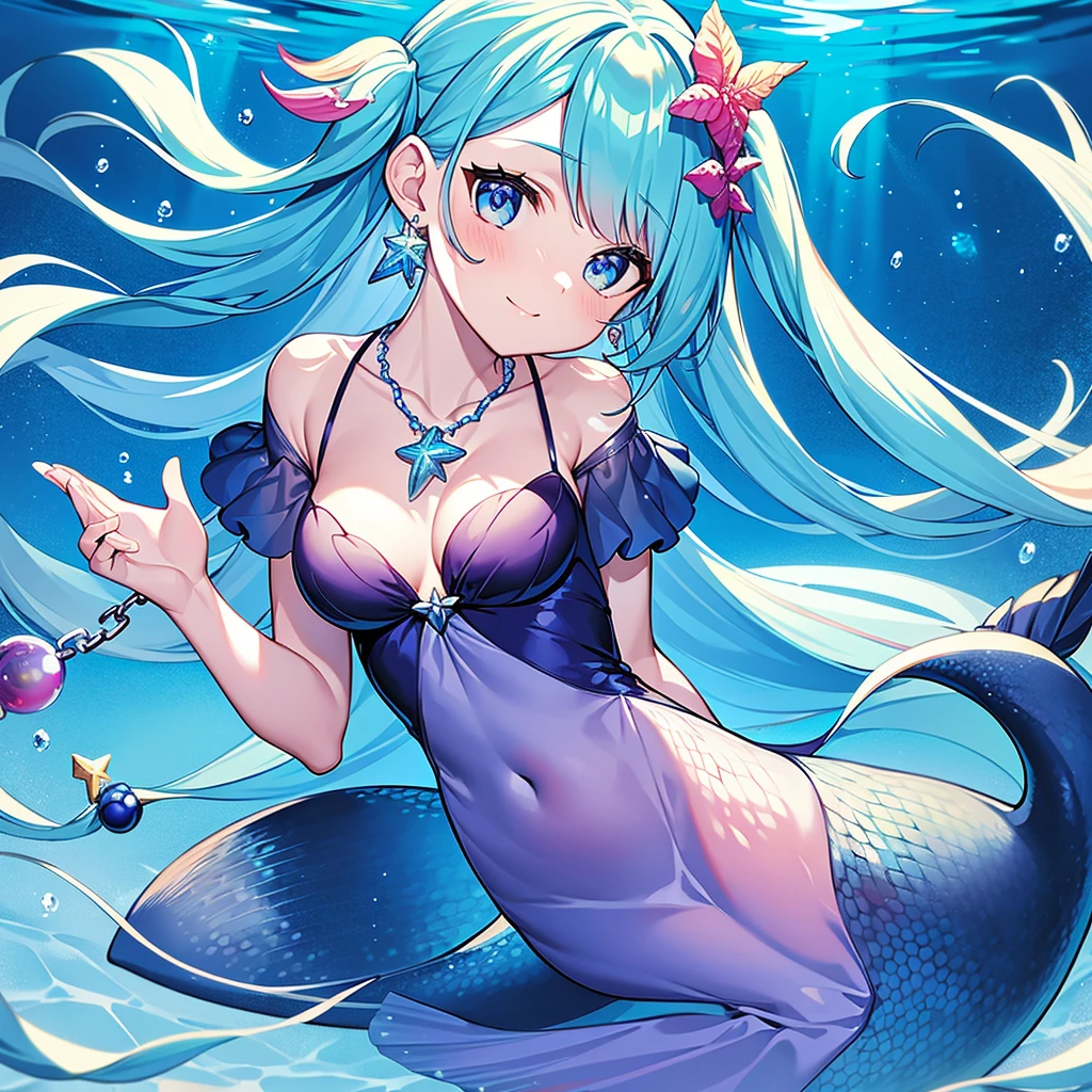 Girl underwater, blueberry girl, long hair, mermaid, necklace, earrings, hair ornament