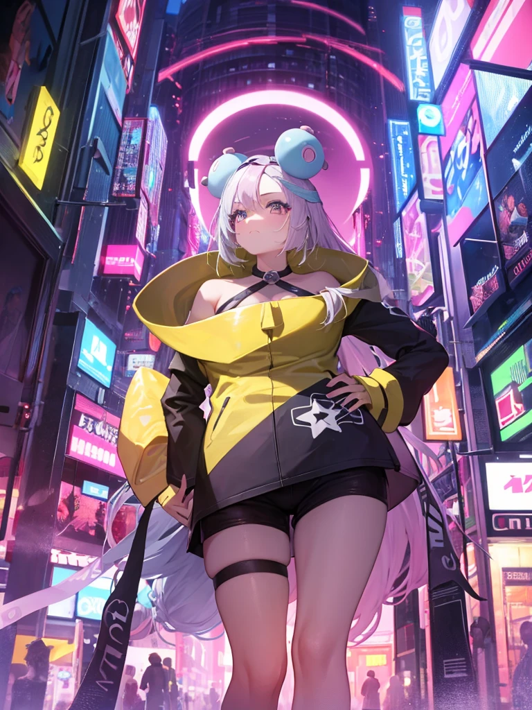 masterpiece, Highest quality, Perfect Face, Highest Resolution, Highest quality,Detailed depiction of the eyes, 8k, One Girl, Long Hair, Yellow Jacket, Long sleeve, hair ornaments, Future City, neon street