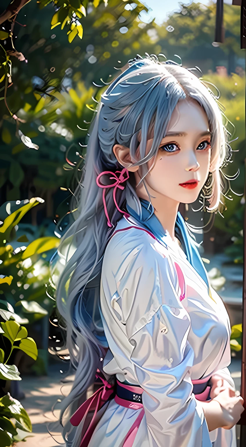 A beautiful, realistic, highly detailed, soft-lit portrait of a young woman standing alone in a park, with flowing white hair tied in a ponytail, wearing a white blouse and long blue skirt. She has piercing blue eyes and pink hair ribbons, her bangs framing her delicate face. In the background, a serene lake reflects the mountains and lush greenery of the outdoor park setting, with flowers blooming all around. (best quality,4k,8k,highres,masterpiece:1.2),ultra-detailed,(realistic,photorealistic,photo-realistic:1.37),beautiful detailed eyes,beautiful detailed lips,extremely detailed eyes and face,longeyelashes,1girl,serene,peaceful,outdoor,park,lake,mountains,hills,greenery,flowers,sunlight,soft lighting,tranquil,elegant,graceful,beautiful,stunning