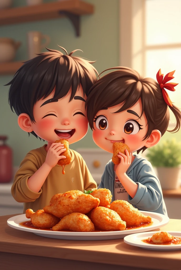 Two cute friends eating cooked chicken pieces