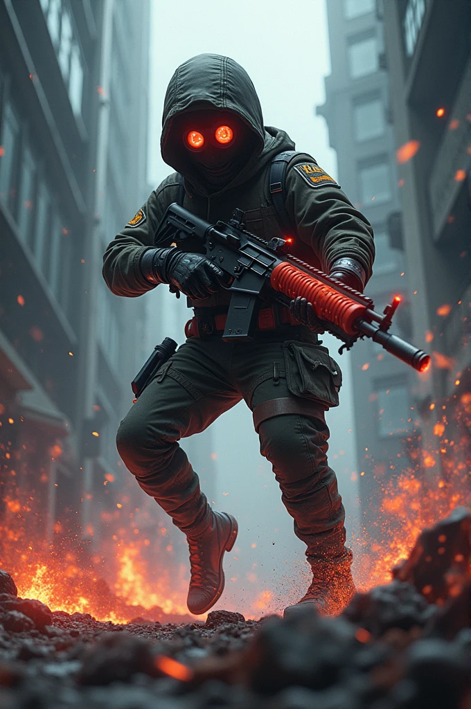 Make a image in which a "freestyle player of free fire stand " and in image in dangerous font written this "J0D
4RMY" INCLUDED SOME ANIME CHARACTER