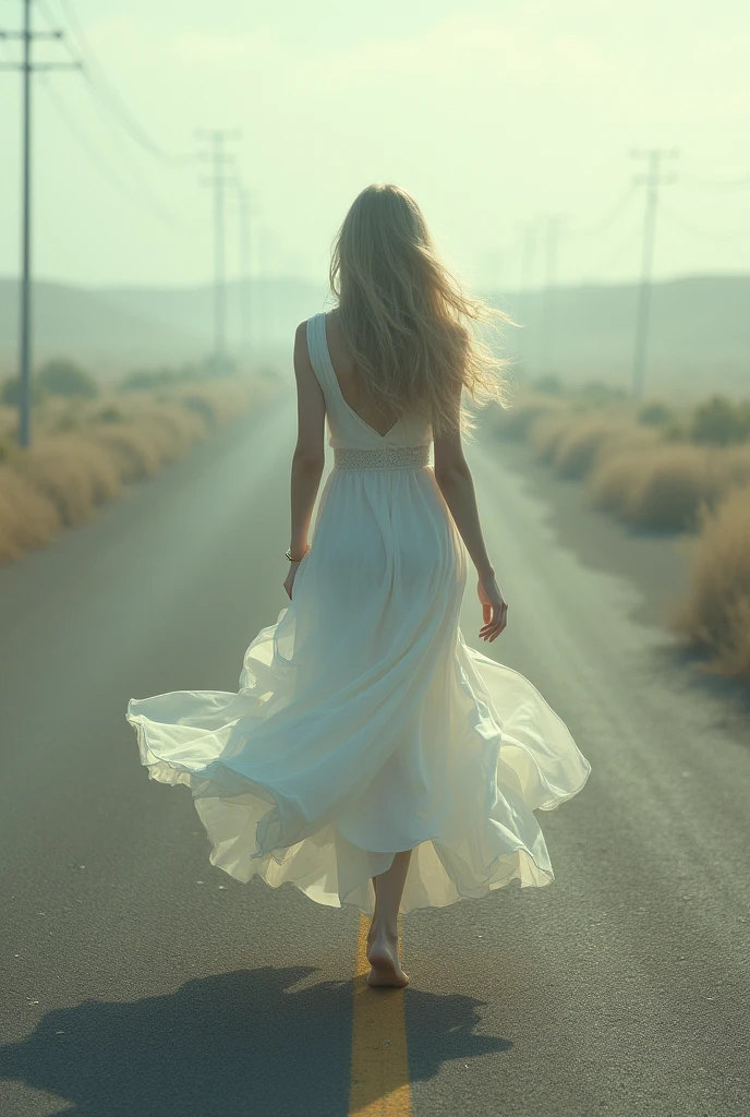 Draw a woman wandering down a deserted road, wearing a white dress and appearing to float