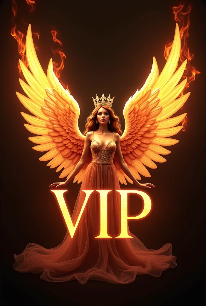 A logo with the name  *vip*, looking like Victoria secrets with angel wings and a crown, com fonte de Victoria secrets, catching fire behind 