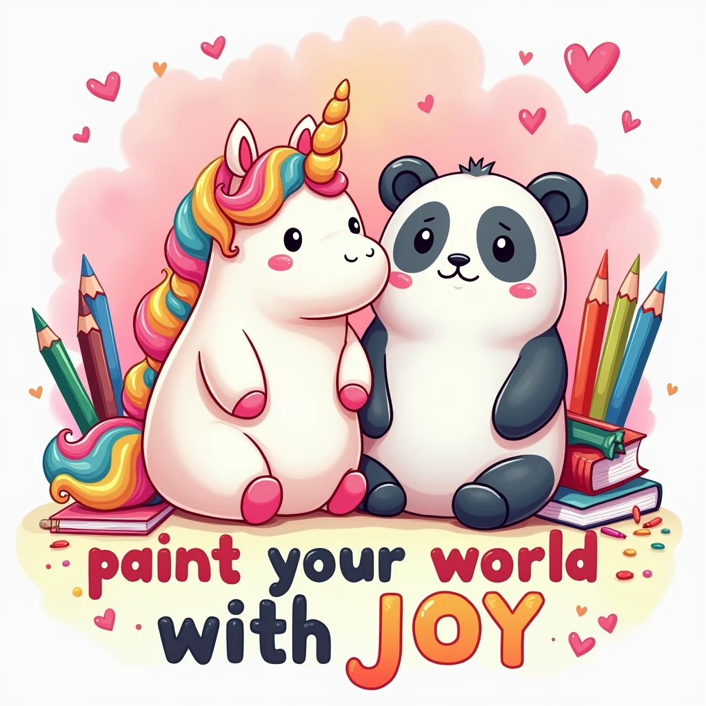 Make a beautiful spectacular illustration in 4k The illustration should feature stationery objects (as colored pencils, pens, notebooks) and two cartoon-style Squishmallows.
The first Squishmallow is a happy unicorn, with vibrant colors and details reminiscent of a teddy bear, with a rounded and cozy shape.
The second Squishmallow is a panda bear, also with a plush appearance and with cute and delicate features.
Both Squishmallows are in different situations/places that suggest a school fun vibe.
Art must have an organic distribution, suitable for shirt printing, avoiding rigid rectangular shapes.
Below this scene, inclua o texto “Paint your world with joy,” styled in a fun and colorful way, with the font color transitioning from pink at the top to yellow at the bottom, imitating a sunset.
The overall art should evoke a sense of school nostalgia and the joy of drawing., reflecting the theme of a high school summer.