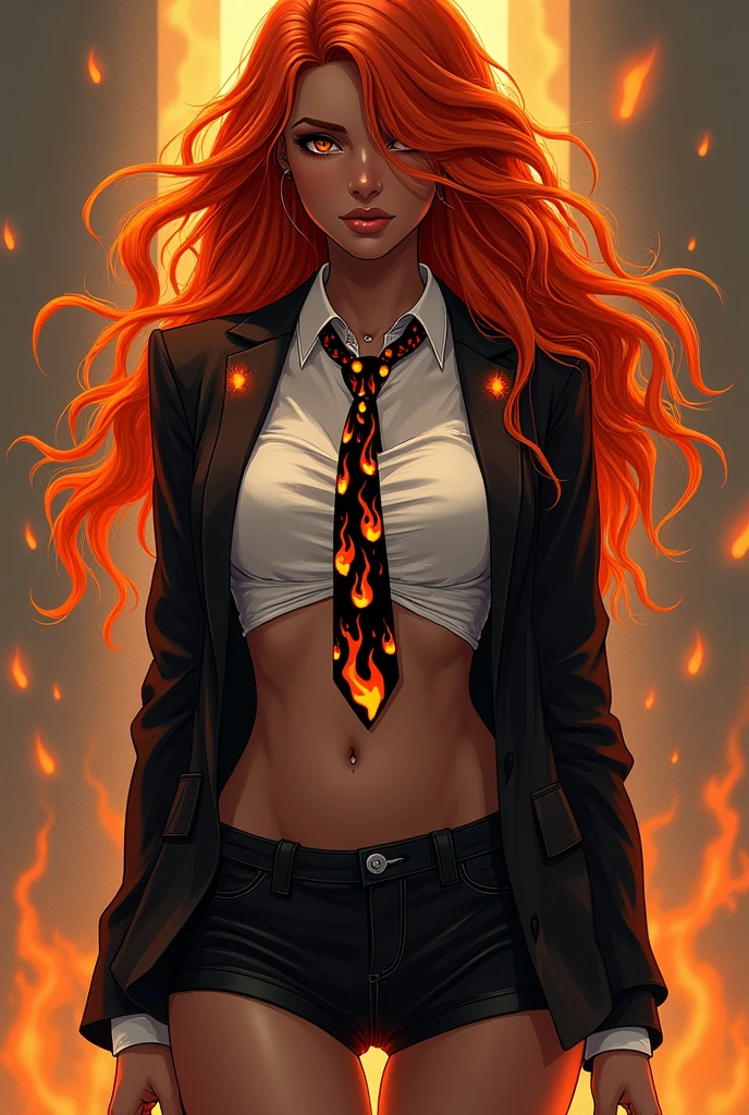 she、A woman with dark skin、long, Wavy red hair with orange highlights; she、She is wearing a sleeveless button-down blouse that shows her belly., Over that he wears a black open blazer with a flame pattern., He's wearing a tie made of flames., she黒いミニスカートを履いており、Underneath she wears black knee-length pants.. she裸足です, Her eyes are orange