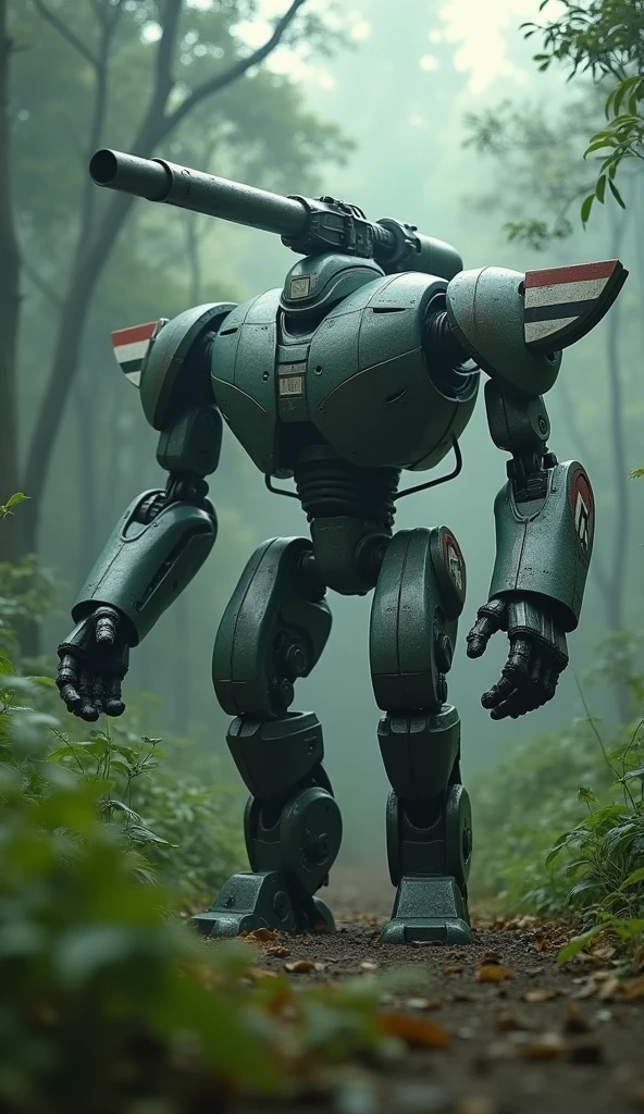 Bad quality. grainy colored cctv footage. Robotelang. made of iron with a cool intricate design. Above there is a long-barreled weapon. In the forests of Asia Indonesia. Stamp of Indonesian flag icon on wings. Seen from afar. bad light.