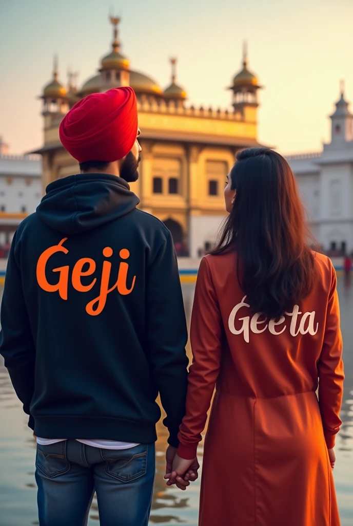 a20years punjabi boy sir pe lal coolar ki turban pero me  black coolar ke or hoodie pehan ke rakhi ho or hoodie pe name likha ho Geji, ek pass me punjabi girl khadi ho hath pakad kr  amritsar gurduwara ,backgruand Aajuba  kbord pe name likha ho ,Geji and or the name of two people is written in the back of the bod.in poorav and Geeta, me bethe ho dono girl and boy 