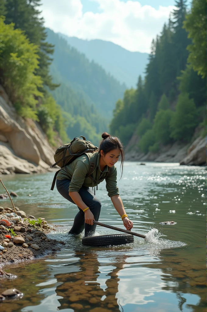 Human helping cleaning the water river
