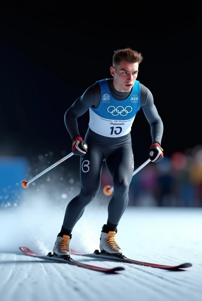 A extremely masterpiece 4k 3d animation image of the A men is playing Olympic Cross-Country Skiing game in ice and the ice  without any background only black background 