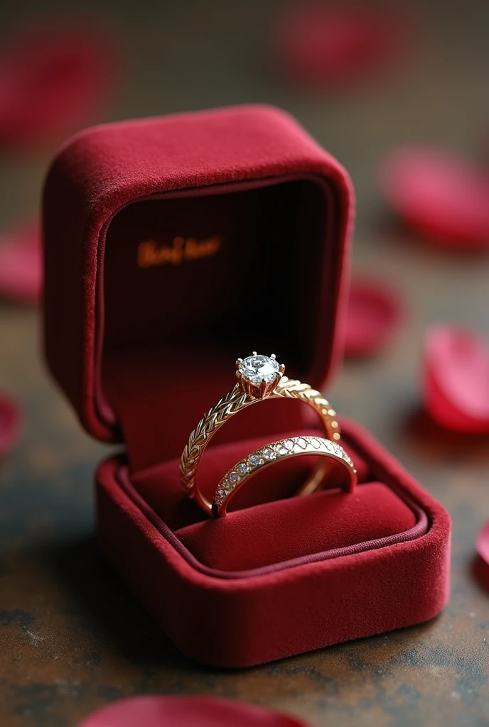 pair of wedding rings and engagement ring in gold color in a velvet box the men&#39;s ring is simple, only smooth and matching the women&#39;s ring in a soft braided pattern the women&#39;s ring has a brilliant minimalist diamond stone reminiscent of a flower with petals and around it a braided finish with small diamonds Inside the rings is written the word "AKAI TO"