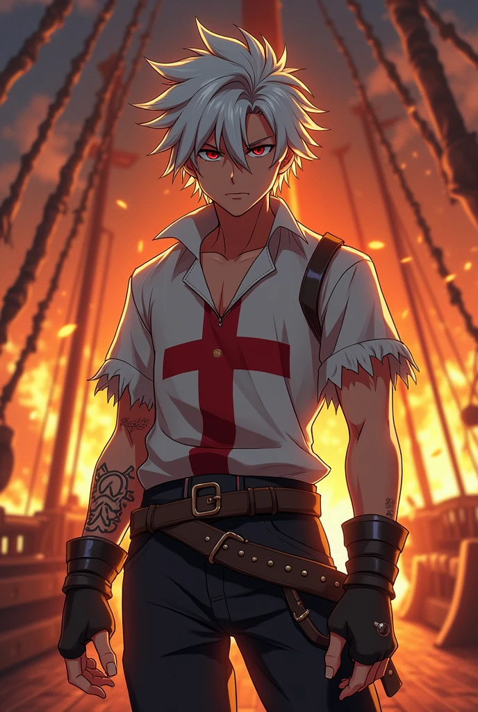 Middle-aged boy, pirate, with white hair, Red eyes, una cruz roja en la camisa y un barco pirate en llamas de fondo. All anime style