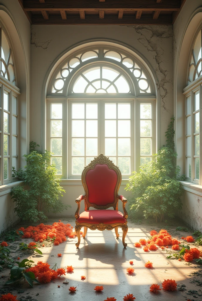 Inside the abandoned room、Oriental、A gorgeous chair in the middle that isn't broken、windowが多い、wallが壊れている、(window、wall、door、The floor is collapsing:2.0)、White Room、peace、The morning sun is shining and it's bright、(床やwallに満開の色鮮やかな美しい花々is blooming:1.8)、There is no one、front、high resolution、16:9