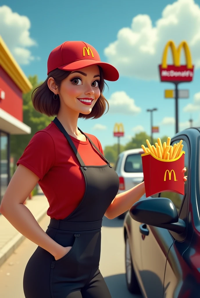 Viewpoint: From the driver of a car waiting at the drive-thru.
Context: A sunny day at the McDonald's drive-thru.
Character: A white woman in her 50s, with bobbed brown hair. She has an hourglass figure, with generous breasts and wide hips, accentuated by implants. She is professionally dressed in McDonald's iconic uniform, with a red t-shirt and black apron. Her hair is tied back in a ponytail under a McDonald's cap.
Action: As your car pulls up to the drive-thru, she approaches the window with a big smile. She holds out a bag full of orders, her gestures full of enthusiasm. The tantalizing smell of crispy fries and burgers wafts through the air, creating a lively atmosphere.
Expression: Her face radiates joy and energy. She smiles warmly at you and says enthusiastically, “Here's your order, bon appétit!”
Translated with DeepL.com (free version)