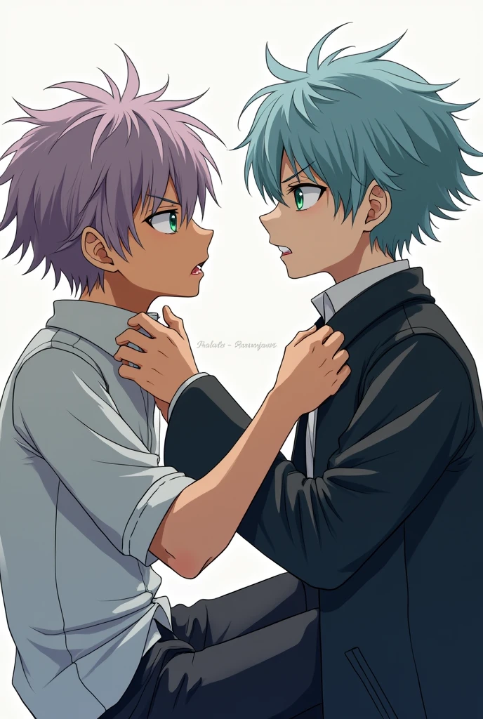 A handsome Japanese teenager. Short and messy lilac hair color. yeux vert clair. tanned skin. Wear an outfit&#39;aristocrate cool. elongate. Assis. arrogant. Another boy. short messy sky blue hair. green eyes. holds the seated boy&#39;s collar, annoyed expression. Japanese man. Frères 