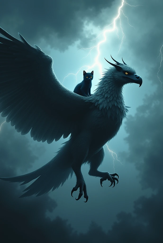 Masterpiece、Highest quality、The mighty Griffon、Stormy Night、Divine Beast、Bursting Thunder、Overwhelming King of the Skies、Cute kitten riding a griffin、A black kitten riding beautifully、male々New Griffon