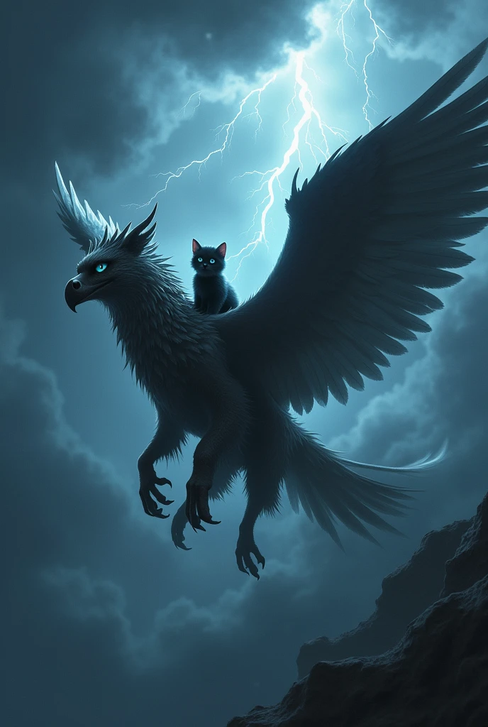 Masterpiece、Highest quality、The mighty Griffon、Stormy Night、Divine Beast、Bursting Thunder、Overwhelming King of the Skies、Cute kitten riding a griffin、A black kitten riding beautifully、male々New Griffon