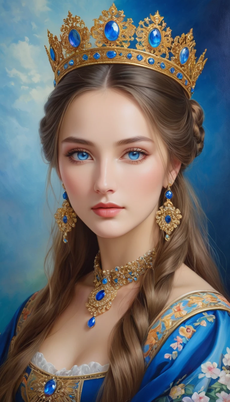 (High resolution,masterpiece:1.2),(Realistic:1.37)"(Highest quality, High resolution, Very detailed, Realistic),Portrait of a beautiful Ukrainian queen of the 19th century, (She is half Ukrainian and half Japanese., She is a beautiful woman with deep blue eyes and a high nose.:1.1), Elaborate costumes and crowns, Detailed facial features, Long and graceful neck, Flowing locks of hair, Calm and elegant posture, Soft and delicate lighting, Classical Oil Painting Medium, Vibrant colors, Delicate background with floral motifs", Dreamy atmosphere, Surrealism,Mysterious Aura