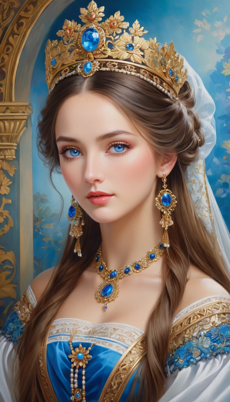 (High resolution,masterpiece:1.2),(Realistic:1.37)"(Highest quality, High resolution, Very detailed, Realistic),Portrait of a beautiful Ukrainian queen of the 19th century, (She is half Ukrainian and half Japanese., She is a beautiful woman with deep blue eyes and a high nose.:1.1), Elaborate costumes and crowns, Detailed facial features, Long and graceful neck, Flowing locks of hair, Calm and elegant posture, Soft and delicate lighting, Classical Oil Painting Medium, Vibrant colors, Delicate background with floral motifs", Dreamy atmosphere, Surrealism,Mysterious Aura