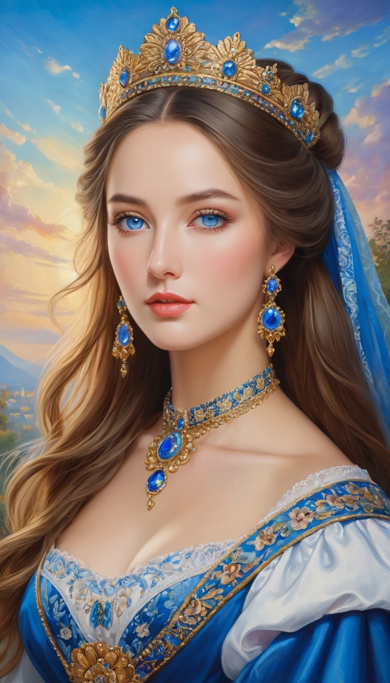(High resolution,masterpiece:1.2),(Realistic:1.37)"(Highest quality, High resolution, Very detailed, Realistic),Portrait of a beautiful Ukrainian queen of the 19th century, (She is half Ukrainian and half Japanese., She is a beautiful woman with deep blue eyes and a high nose.:1.1), Elaborate costumes and crowns, Detailed facial features, Long and graceful neck, Flowing locks of hair, Calm and elegant posture, Soft and delicate lighting, Classical Oil Painting Medium, Vibrant colors, Delicate background with floral motifs", Dreamy atmosphere, Surrealism,Mysterious Aura