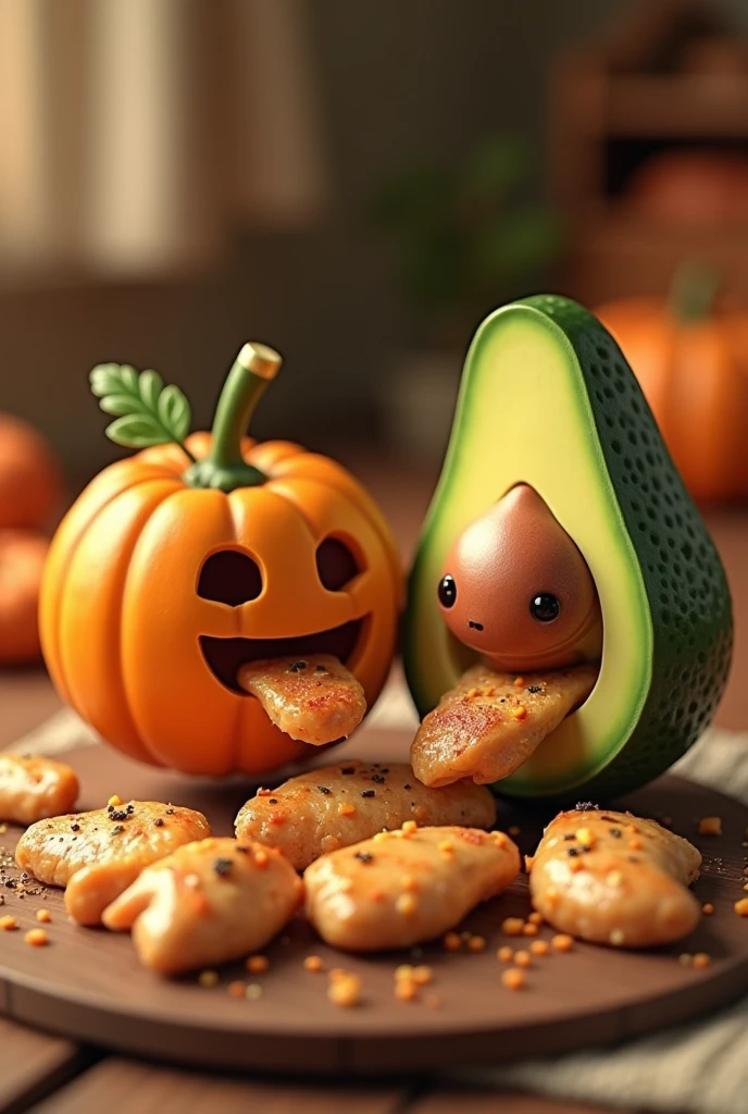 Cute pumpkin and avocado eating cooked chicken pieces