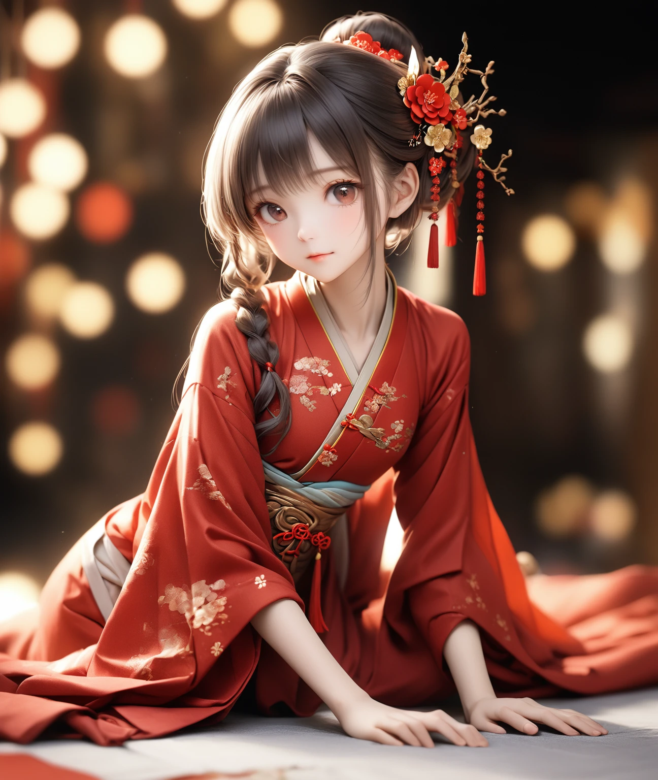 最high quality, masterpiece, High resolution, One girl, Chinese Hanfu,Chinese Architect Background, Red scarf, hair ornaments,necklace, jewelry,Beautiful Face,On top of that_body, Tyndall effect,Realistic, Dark studio, Rim Light, Two-tone lighting,(Skin with attention to detail:1.2), 8k uhd, Digital SLR, Soft lighting, high quality, Volumetric lighting, Frank, photograph, High resolution, 4K, 8k, Bokeh,Girl in a red dress