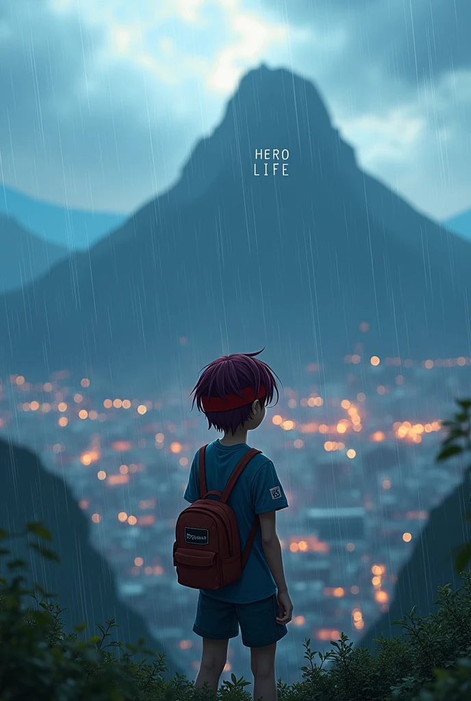 A blue-eyed teenager,maroon hair, wearing a red headband looking at a city on top of a mountain while it rains, logo with the name Hero Life