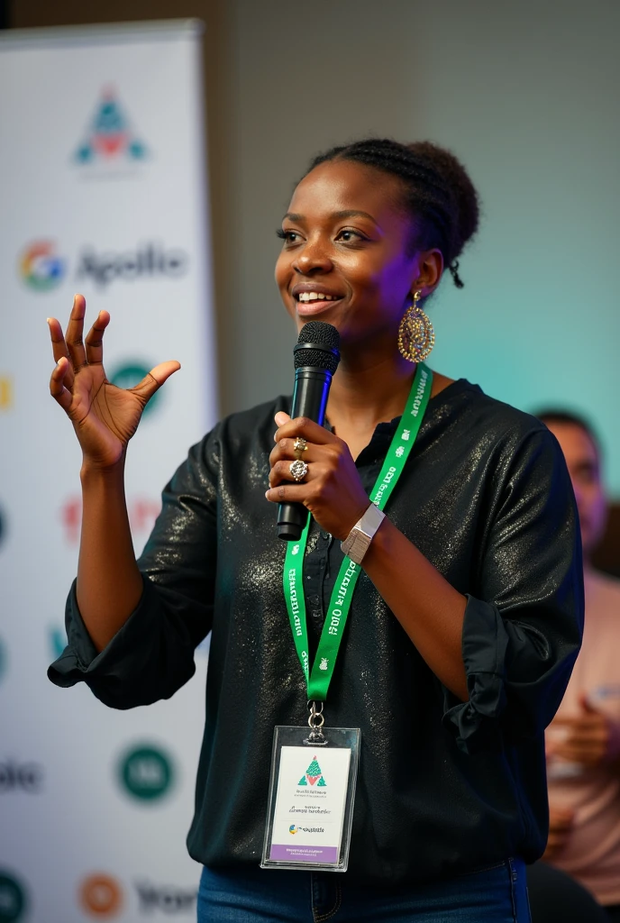 A charismatic speaker is captured mid-speech. as she gestures with his left hand, displaying a large ring on his pinky finger. she is holding a black microphone in her right hand, speaking passionately. The women is wearing a dark, textured shirt with unique, slightly shimmering patterns, and a green lanyard with multiple badges and logos hanging around her neck. The lanyard features the apollo and google logos prominently. Behind her, there is a blurred background with a white banner containing logos and text, indicating a professional or conference setting. The overall scene is vibrant and dynamic, capturing the energy of a live presentation.