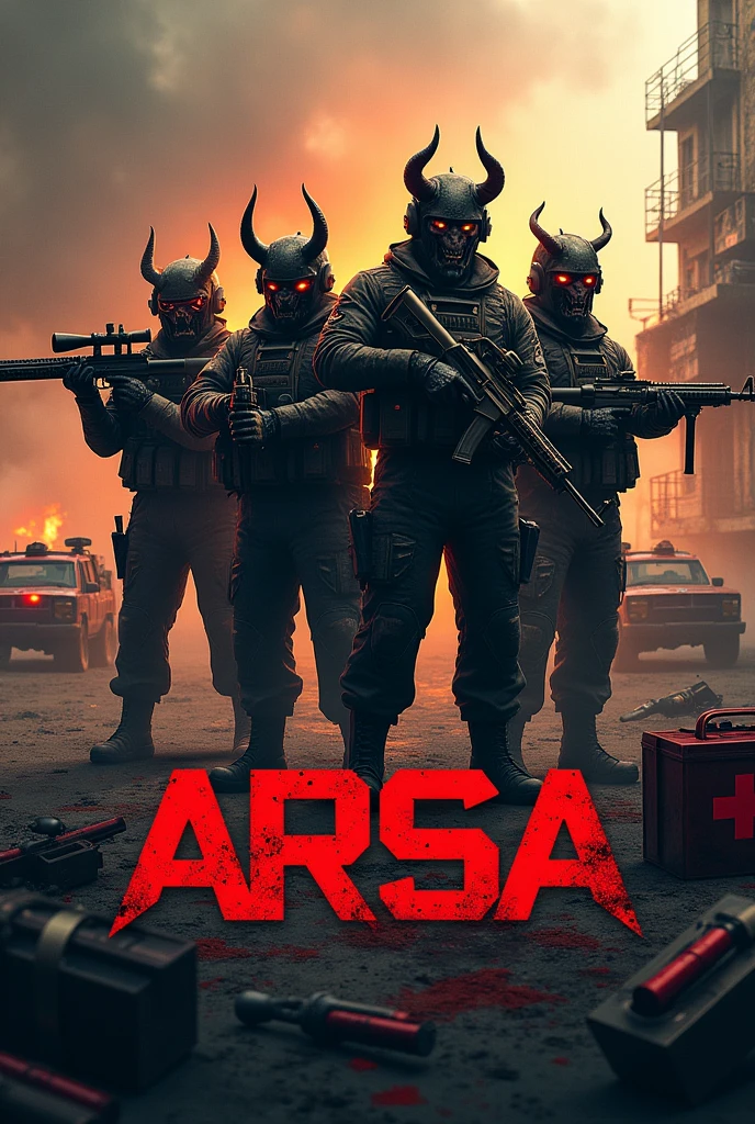 Generate a logo having 4 soldiers dressed as demons and holding guns. In the background written "ARSA" in denon font and dark colours. Overall view of image is in battlefield. There are cars, ammunition, medkit and death crate around. All 4 soldiers look different and hold different guns such as sniper, DP-28 gun, automatic rifle, grenade & molotov. There are 4 soldiers 