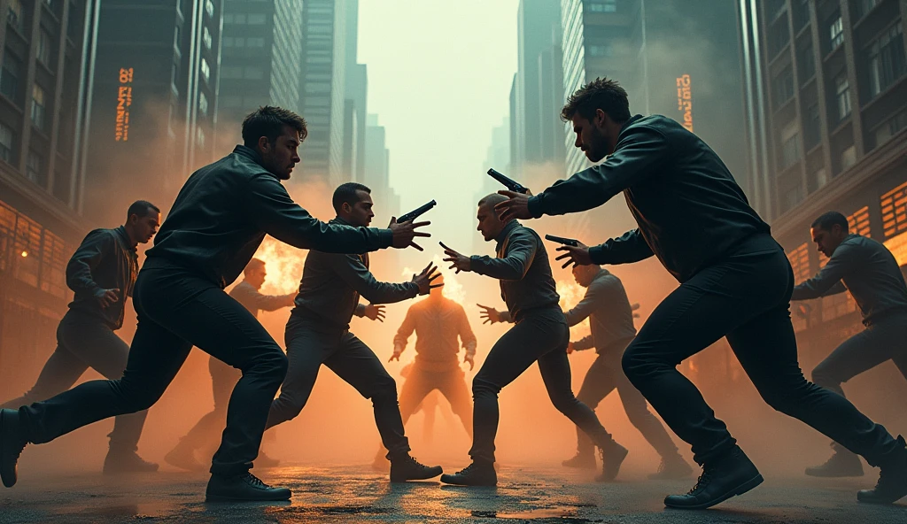 (Ultra detailed), shot from above, a male dance group fighting enemy characters.