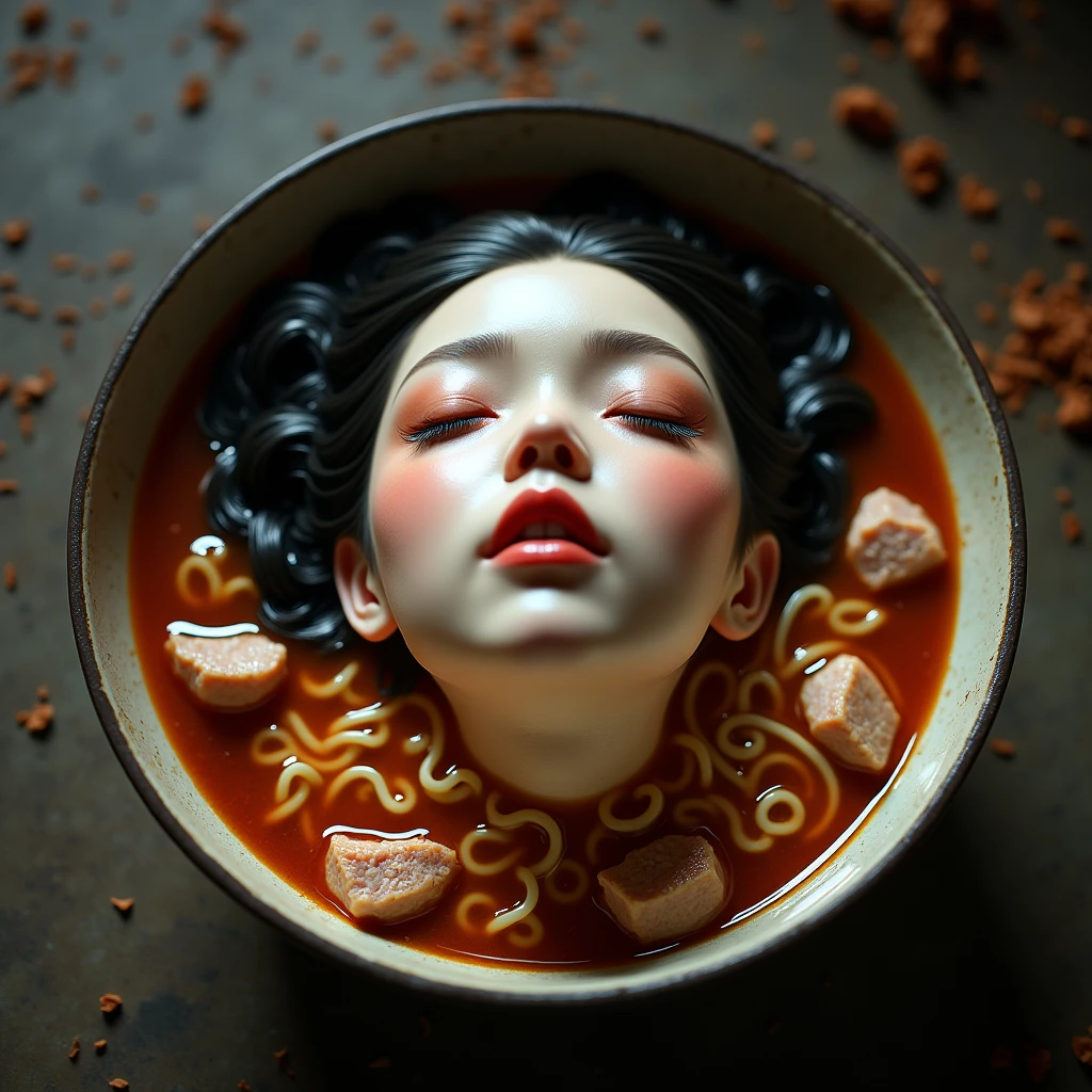 decapitated female head on a bowl, beautiful Asian, covered with meat, like soup, ((eyes closed)), served like a food dish, bloody, photorealistic, 4K, Nikon, horror, ahegao face, with front shooting angle, very realistic, (complex detail: 0.9), (hdr, hyperdetail: 1.2), RAW, Sony Alpha a9 II, 24-105mm f/4, HDR,