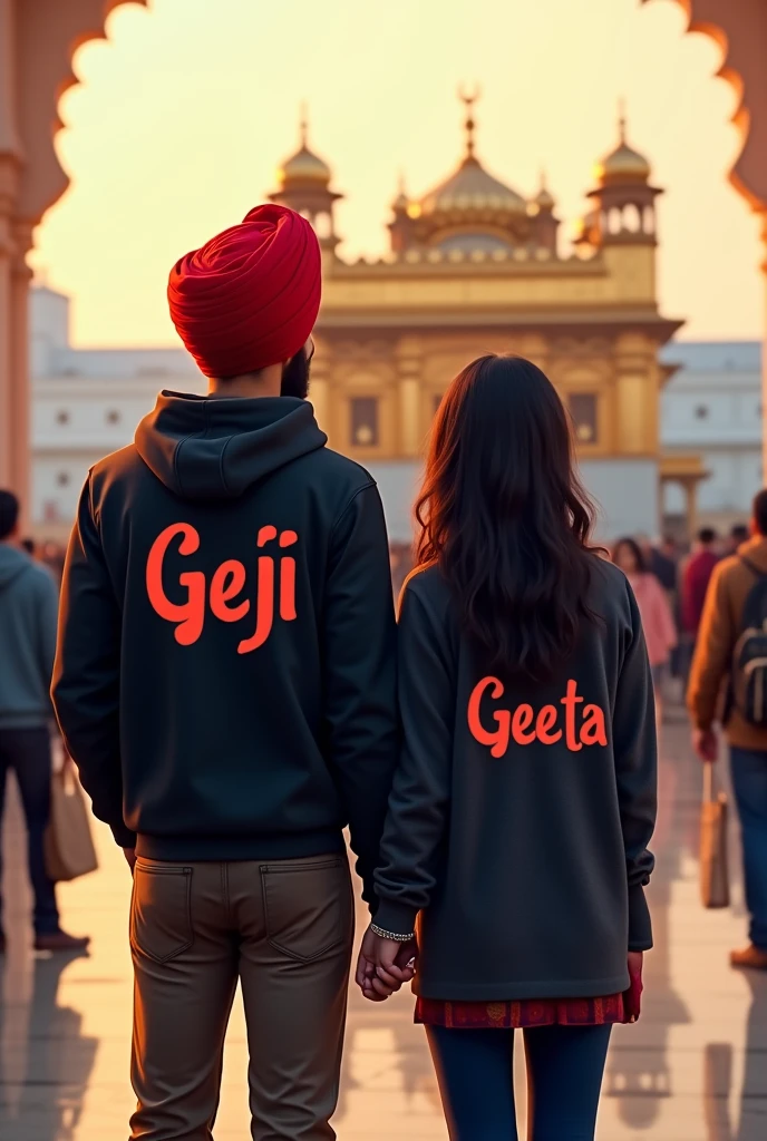 a20years punjabi boy sir pe lal coolar ki turban pero me black coolar ke or hoodie pehan ke rakhi ho or hoodie pe name likha ho Geji, ek pass me punjabi girl khadi ho hath pakad kr amritsar gurduwara ,backgruand Aajuba kbord pe name likha ho ,Geji and or the name of two people is written in the back of the bod.in poorav and Geeta, me bethe ho dono girl and boy
