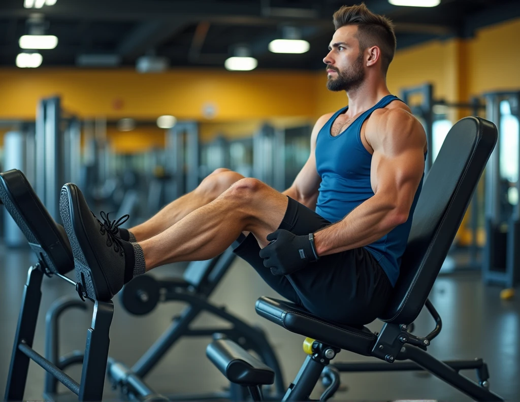The image shows a male cyclist performing a leg press exercise in a gym. He is wearing a blue tank top, black shorts, and black sneakers. The man is sitting on a leg press machine, pushing a weighted platform with his legs, demonstrating proper form with a controlled movement. The gym environment in the background includes other exercise equipment, adding context to the workout environment. The focus is on the strength and definition of the man's legs as he performs this strength training exercise.
The art style is hyper-realistic, with a wide shot composition. Use natural light for lighting. The color palette should be warm. The photography style should be cinematic with a shallow depth of field. Apply a film effect in post-processing. The overall atmosphere should be cheerful. Make sure the image is extremely detailed and high quality (equivalent to high resolution), reflecting the experience of a professional sports photographer. Emphasize the following aspects: - Realistic textures and fine details - Accurate lighting and natural shadows - Balanced and attractive composition - Depth and dimensionality throughout the image - Vivid and accurate colors (unless otherwise specified) - Sharp focus on key elements based on the selected focus style The image should convey a sense of professionalism and technical mastery, as if it had been captured by an expert photographer and processed by a highly skilled image editor. Ensure that the quality and level of detail are exceptional, taking full advantage of the ability to generate very high-resolution images.