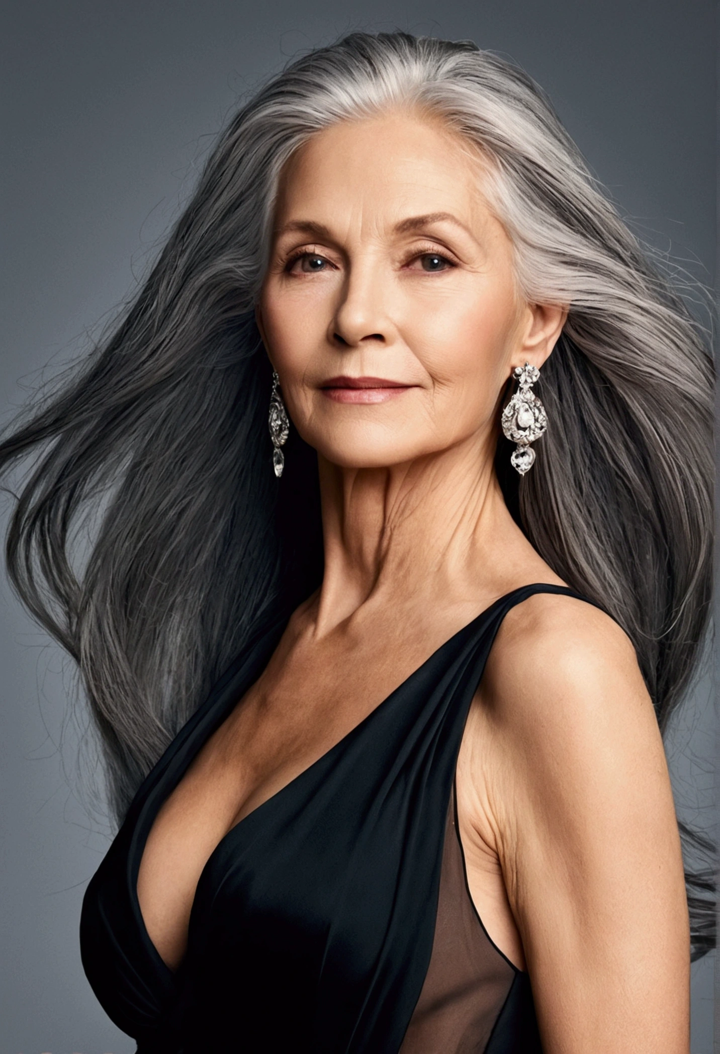 Ultra HD resolution，60-year-old girl,earrings,Long gray hair, cover magazine background, cover, magazine, Black backless dress,H Cup，Amazing breast size，Breast enlargement，Smooth and beautiful back, Silk clotheessy hair，gray hair，Translucent clothing，Ruddy complexion，The clothes are relatively transparent, cover, magazine, cover magazine