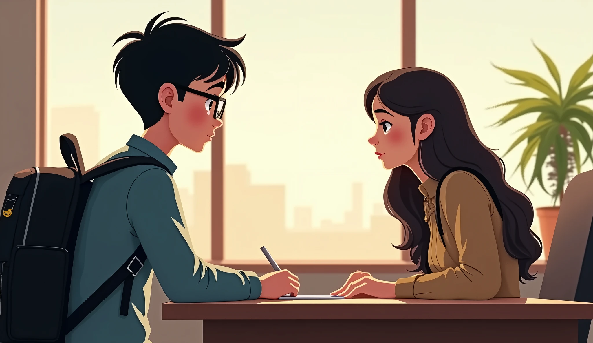 20 year old boy carrying a black backpack, tall black hair, A job interview at a 2D animation video game animation company、Wearing glasses、A woman in her 30s with long hair sits at a desk、sitting on the other side