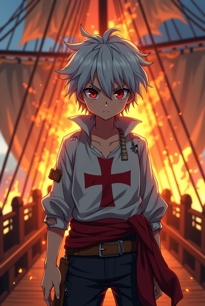 Middle-aged boy, pirate, with white hair, Red eyes, una cruz roja en la camisa y un barco pirate en llamas de fondo. All anime style