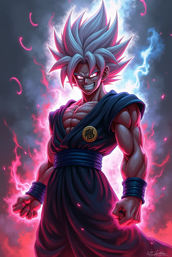 Goku black with all colours auras , and his Demonic smile hair colour white and red