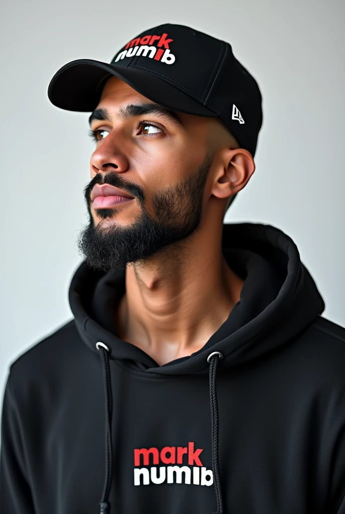Create a social media profile photo for A young man with a beard and black basketball hat with the logo "Mark Numhb " with Facebook icon,Twitter icon ,Instagram icon ,twitter icon and tiktok icon where the person completes the design and puts them Vectors, Vector T-shirts, Vector Cups, Vector sticker,Vector Caps and Vector Hoodies Sell online 