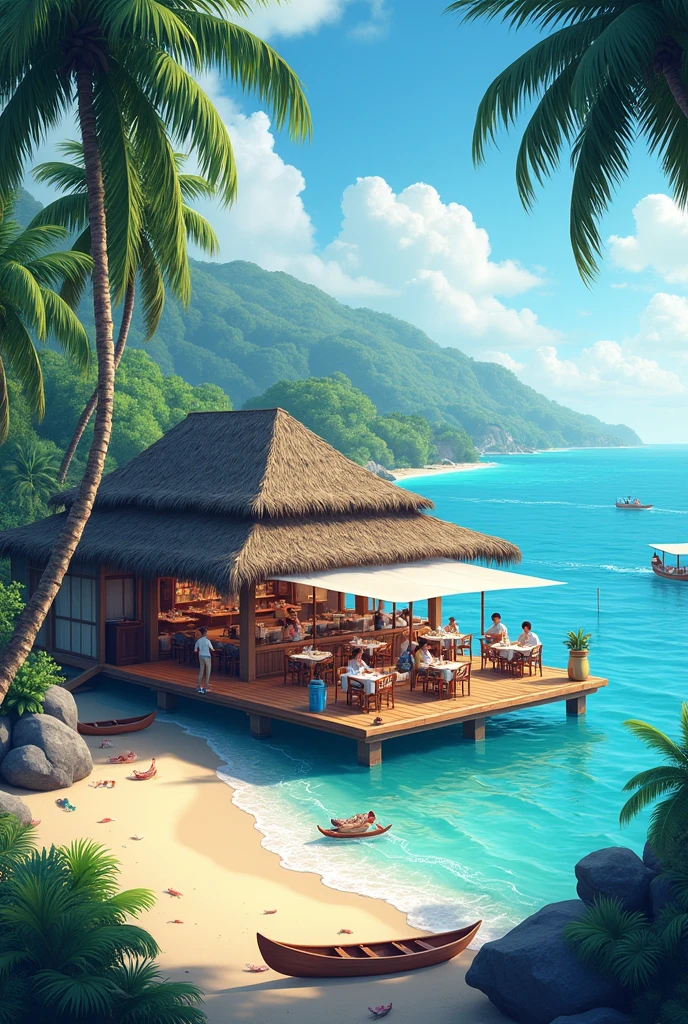 You are in a seafood restaurant floating on the beach. The environment is really beautiful. The sea is blue and the air is pleasant. You can hear the sound of waves hitting the beach and the sound of the wind blowing gently. Next to the restaurant, the leaves of the coconut trees sway in the afternoon breeze, and in the distance you can see several canoes stranded at the mouth of the river.