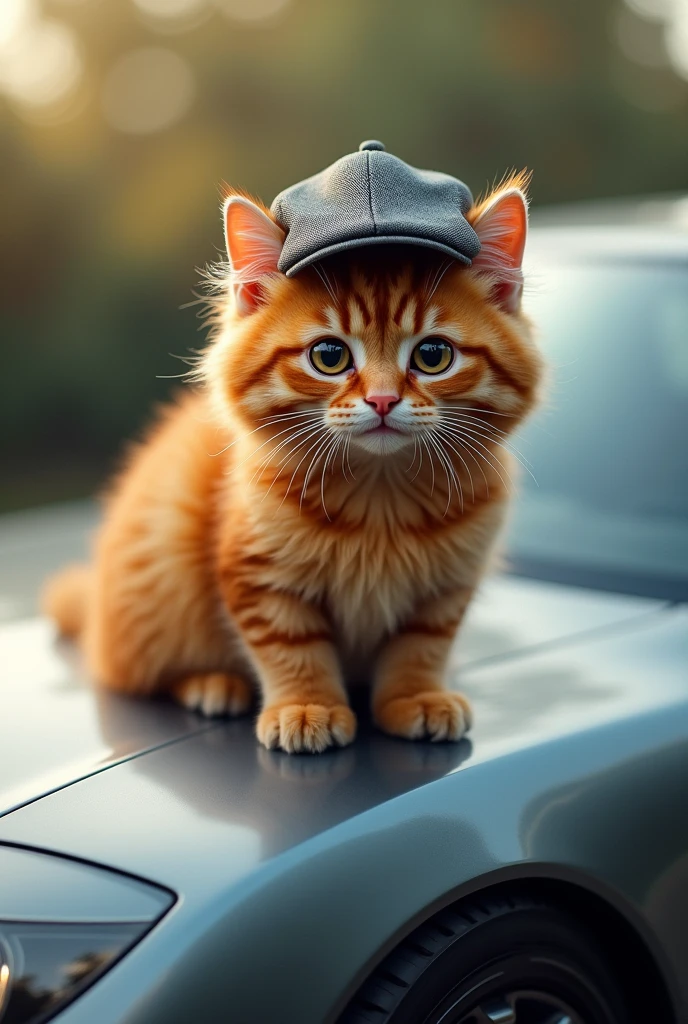 cat wearing cap, sitting on car, seed: 309114387