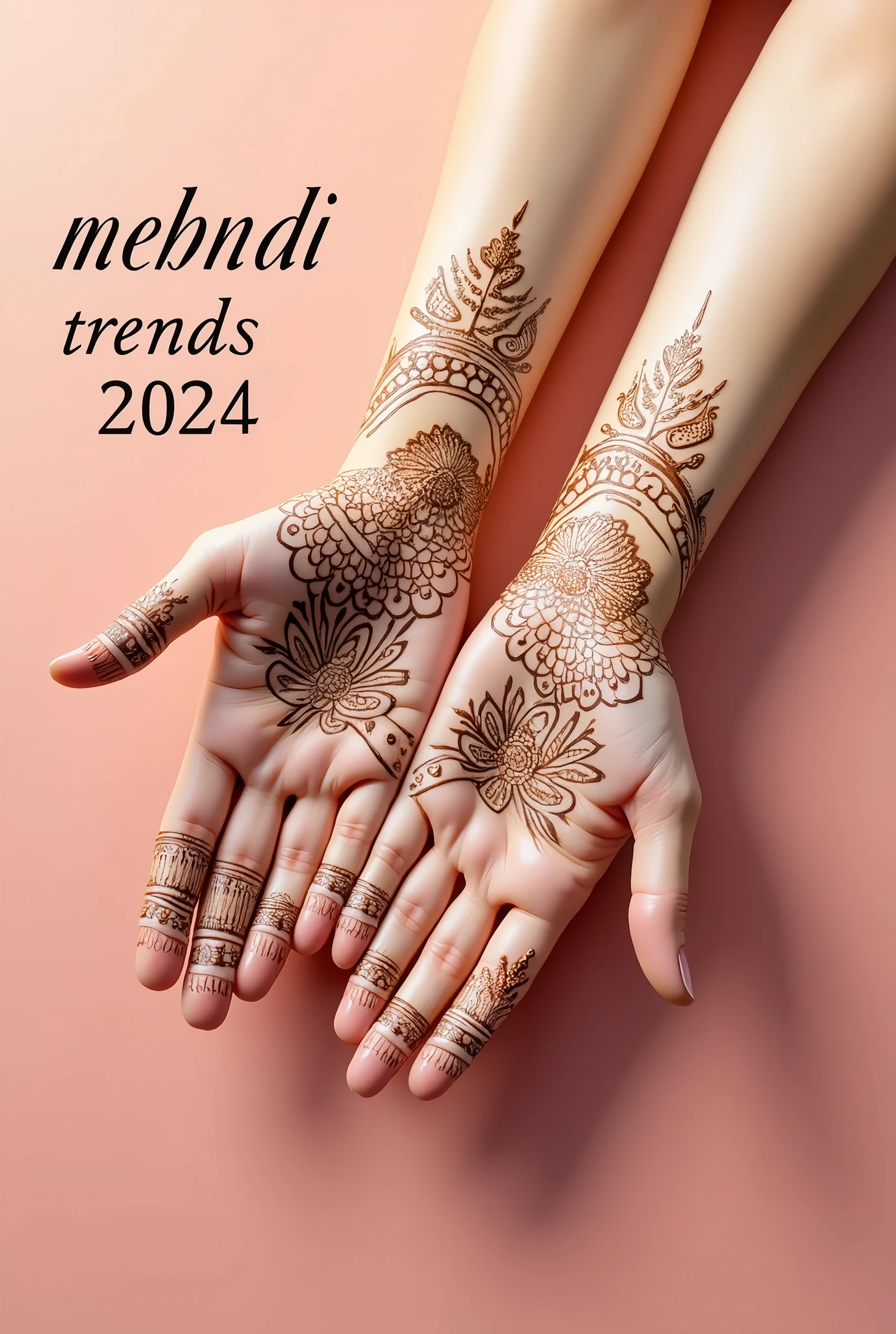 draw image for mehndi design app and use color #fff5e1 and #527450 and write text "Mehndi Trends 2024” in image