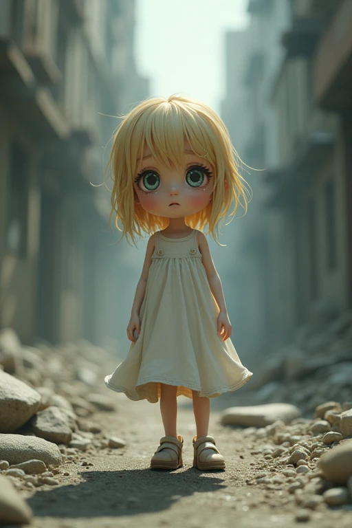 An girl、Height: 1 meter、She weighs 20kg, has blonde hair that reaches her shoulders, and wears a white dress.。
A grey-green shade flickers in her eyes. In the middle of a ruined city, a girl is crying.。