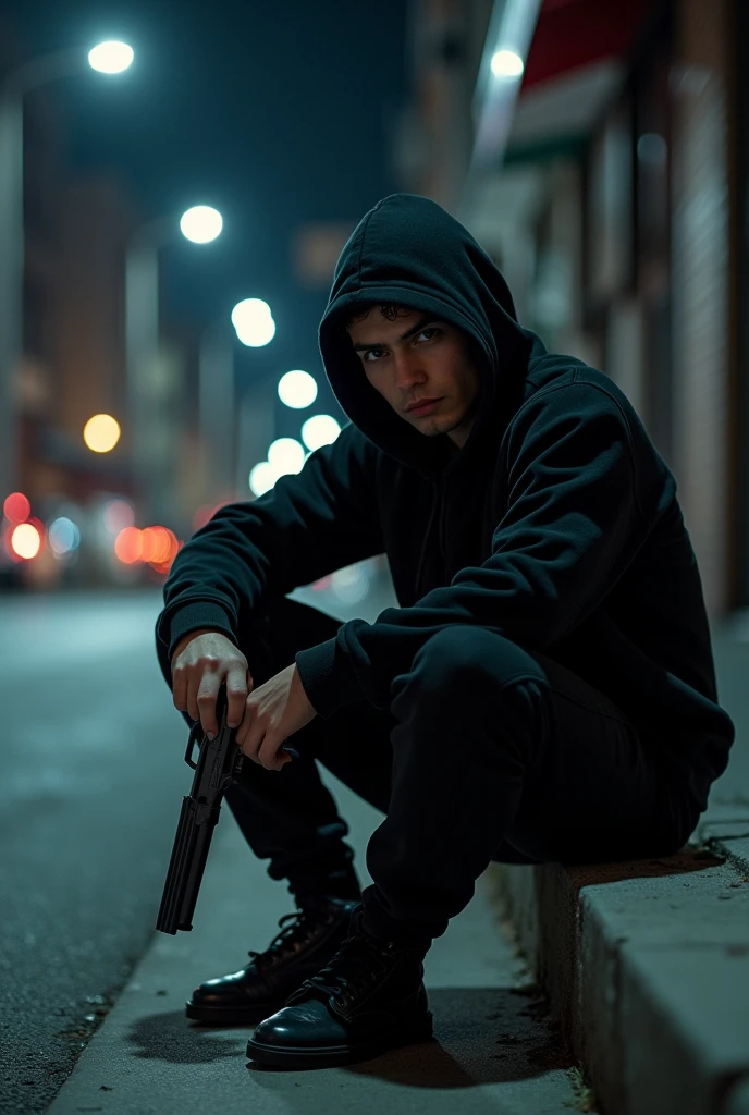 20 years old, HAVING A BLACK SWEET, HAVING A BLACK TRACKSUIT, HAVING A HOOD ON HIS HEAD, HAVING A REAL GUN IN HIS HAND, SITTING ON THE SIDEWALK, AND LET IT BE NIGHT