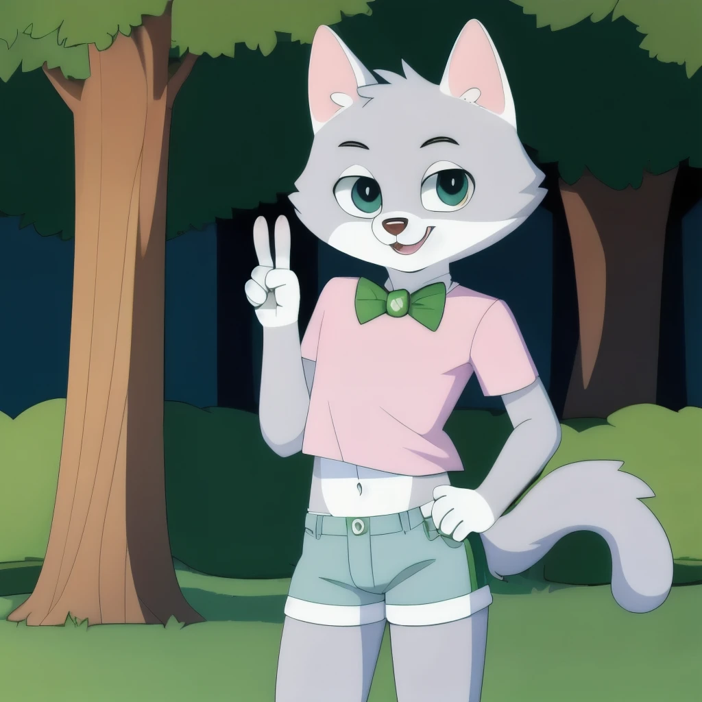 (Best quality, high quality:1.3), the collection, pet cat, gray fur, the bow tie, Tail, standing, deTailed background, I look at the viewer, T-shirt, shorts, girly, v sign, green t-shirt
