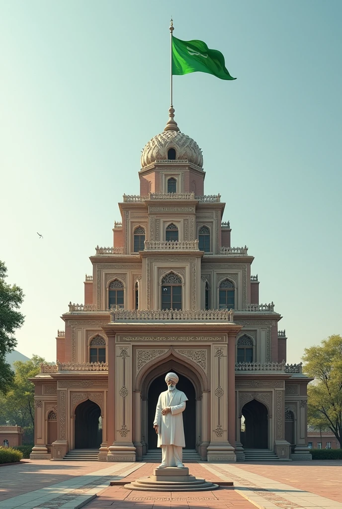 (Build a three-story building in the shape of a triangle. Above the main gate, write "Faizan-e-Aala Hazrat." In front of the building, place a statue of a man wearing a turban. On top of the building, hang a green flag.